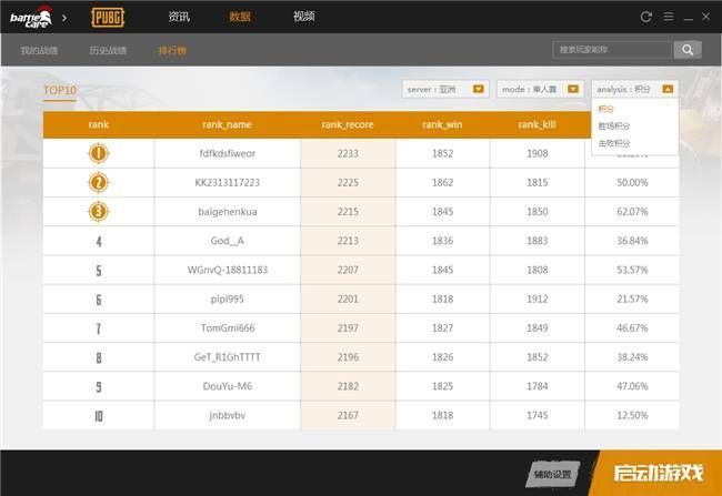 《战场助手》排行榜全服排行TOP10玩家战绩